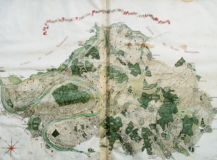 <p><strong>1. Atlas Terrier de la Roche-Guyon,</strong> <br class='manualbr' />carte aquarellée sur parchemin, 1745 <br class='manualbr' />Archives Départementales du Val d'Oise. <br class='manualbr' />Epreuve de travail</p>